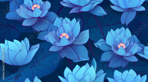 Blue Lotus Flowers with Lily Pads in the Background seamless pattern
