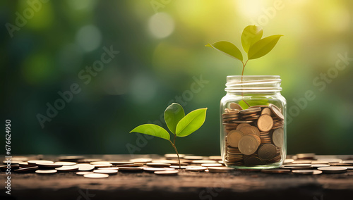 coins coming from jar with a green plant growing photo