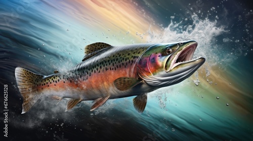 Trout fish with water splash, dark setting. Close-up wildlife artistry.