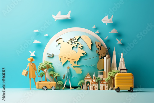 Travel around the world banner design by paper cut, minimal flat design style, journey, vacation, tourist concept, papercut illustration