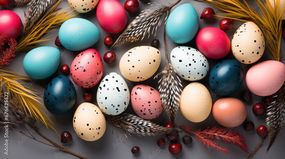 Colorful Easter eggs with natural feather accents on a textured dark background