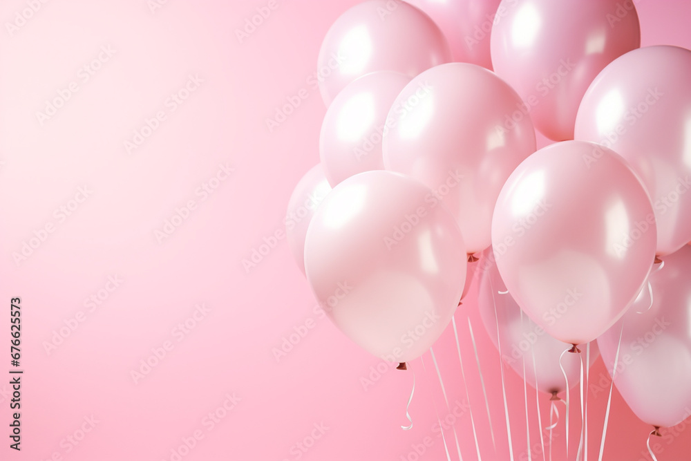 Various shape and soft pink colored flying group of balloons on plain studio pink background | Pink balloons on a pink background | Birthday celebration balloons | Valentine day | Party celebration