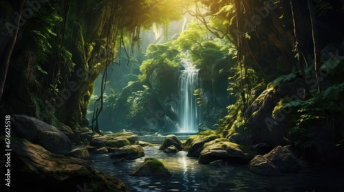 Waterfall flows amidst illuminated verdant forest. Magical woodland atmosphere.