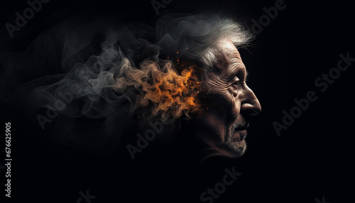 The face of a man losing his mind in a dark background | Dementia disease concept | Landscape of a person with smoke | Depressed person concept | Mental health concept