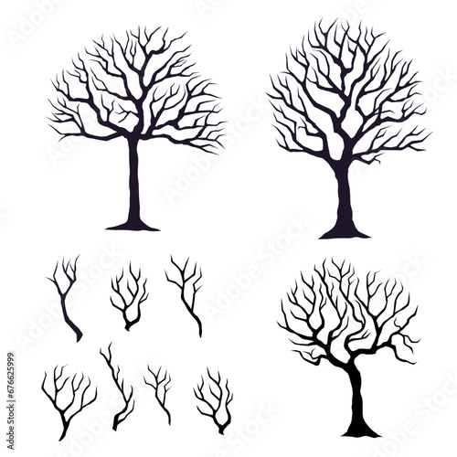Set of dry broken trees branches isolated on white background. Set of black silhouettes of bare trees isolated on white background. Black trees with broken branches