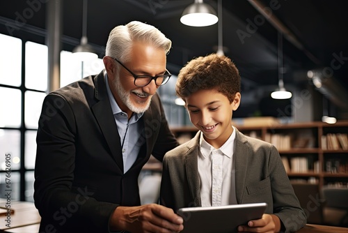 Man in business attire guiding young boy with tablet, amidst office or library backdrop. Modern age guidance and learning.
