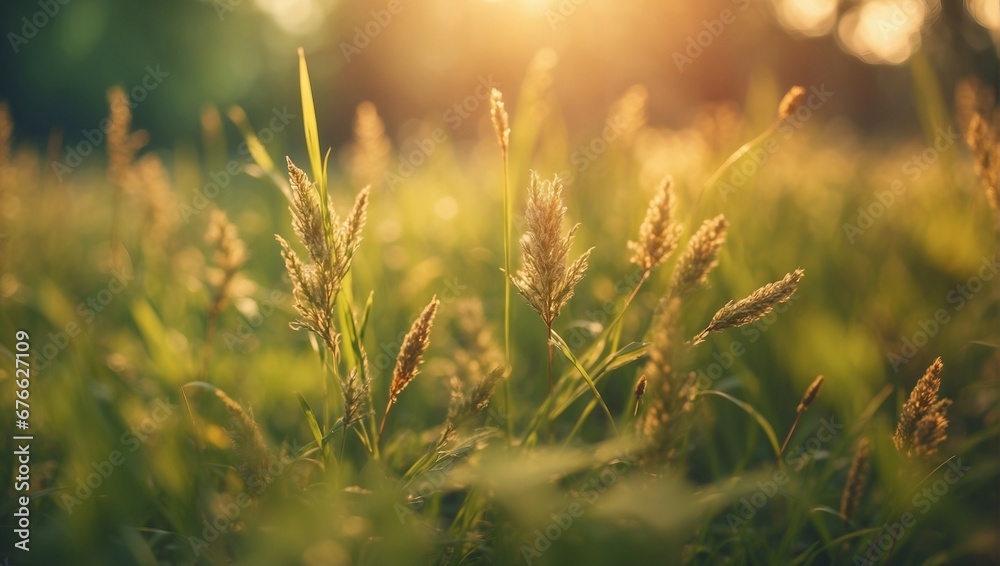 a field of wild grass with the sun shining in the background

