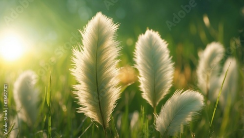 some white feathers are in the grass at sunset 