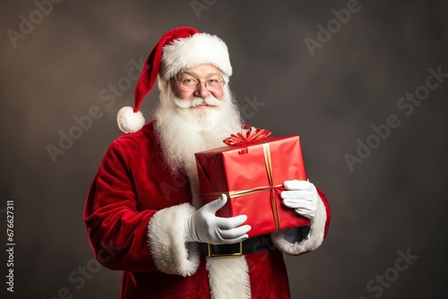 photo portrait of a santa claus holding a gift box, one color background and copy space, generative ai © ImronDesign