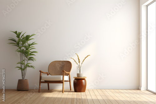 interior in white room with furniture on wooden floor and door, potted plants, chairs in the style of minimalist background, earth tone color palette photo