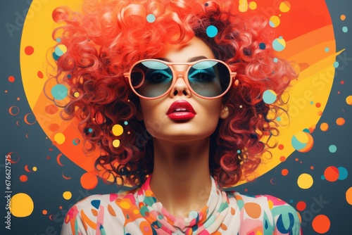 Disco diva retro lady. Girl wearing sunglasses offset risograph. Generative AI. © Dusit