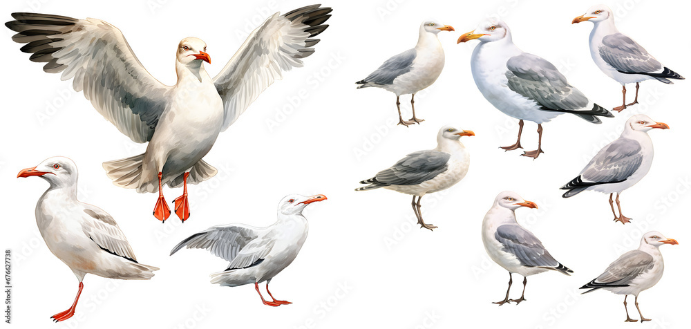 Obraz premium Seagull bird watercolor illustration clipart. Generative AI