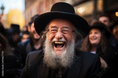 orthodox jew with hat very happy and cheerful photo