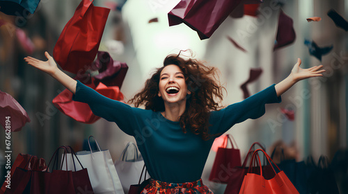 Happy shopping woman with bags. Woman on sales a day of shopping. Happy woman with many shopping bags.