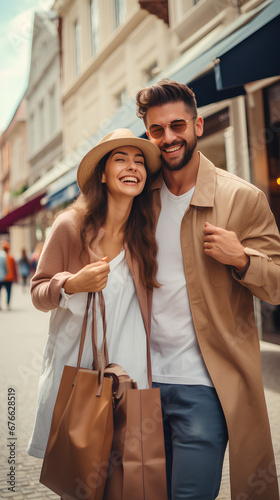 Happy shopping people. People shopping on sale with bags and walking. People on a shopping day. People buying gifts for Christmas.