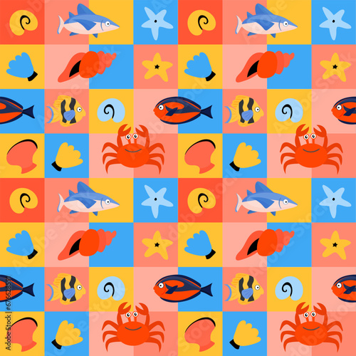Fototapeta Naklejka Na Ścianę i Meble -  Seamless pattern with marine animals and ocean creatures, bright colorful cube background for nautical themed designs.