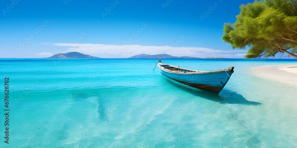 Summer Dream, A Boat on a Bright Beach at Sunrise for Your Stock Photography