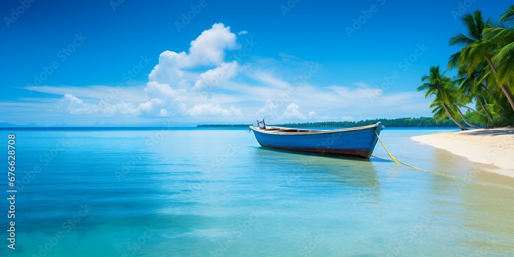 Boat on the Bright Beach at Sunrise A Beautiful Summer Theme for Stock Photography