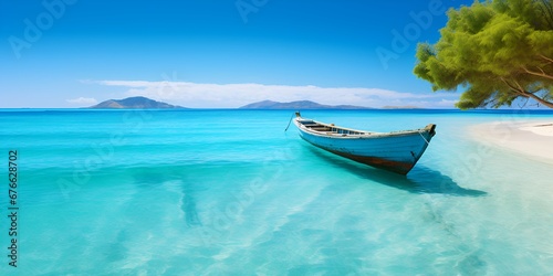 Summer Dream, A Boat on a Bright Beach at Sunrise for Your Stock Photography
