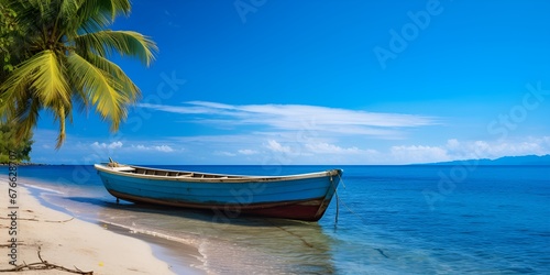 Summer Vacation Vibes, Boat on a Bright Beach at Sunrise for Stock Photography