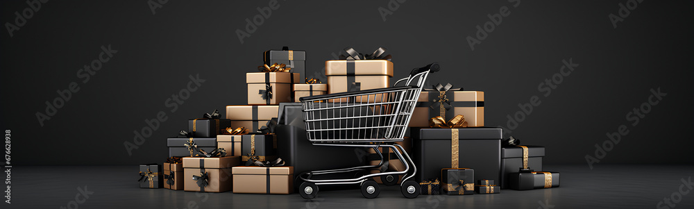 Shopping carts with black and elegant gifts. Shopping cart with gifts and balloons. Elegant gifts for Christmas.