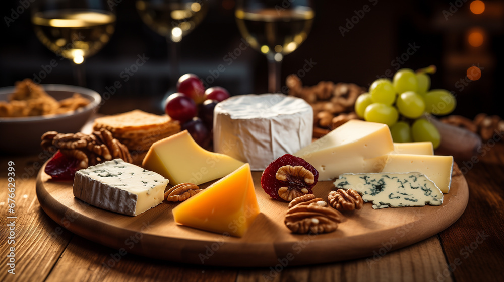 A variety of delicious cheese and snacks served at a party. Generative AI. 