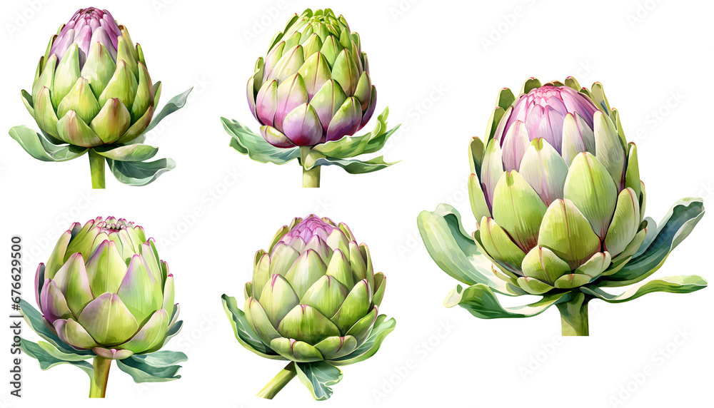 Fototapeta premium artichoke watercolor illustration clipart. Generative AI
