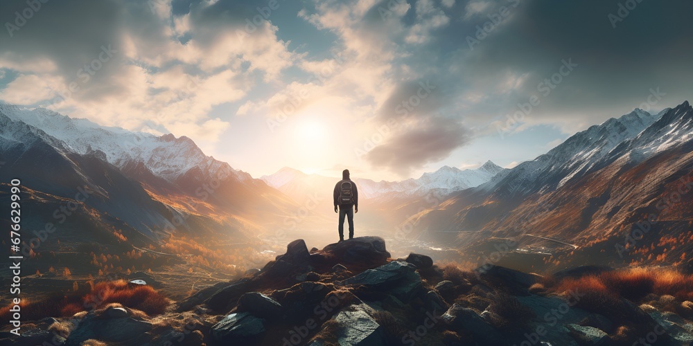 Awe Inspiring Heights, Man Standing Atop a Breathtaking Landscape, Perfect for Motivational and Achievement Concepts