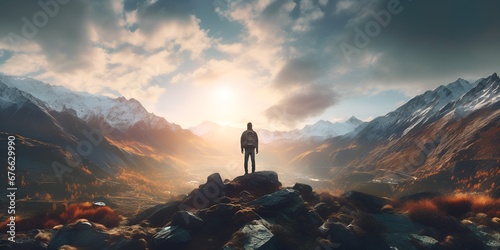 Awe Inspiring Heights, Man Standing Atop a Breathtaking Landscape, Perfect for Motivational and Achievement Concepts © Christopher