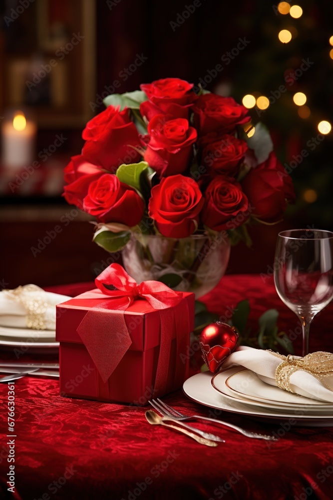 Romantic dinner setting with red roses and gift box on table.Valentine's Day Concept