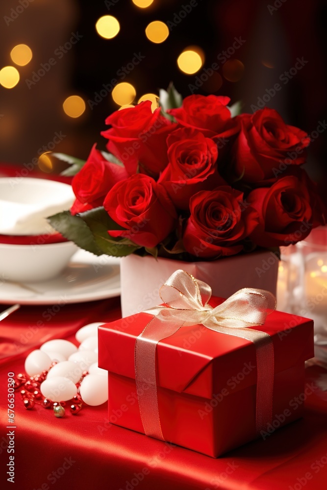 Romantic dinner setting with red roses and gift box on table.Valentine's Day Concept Romantic dinner setting with red roses and gift box on table.Valentine's Day Concept