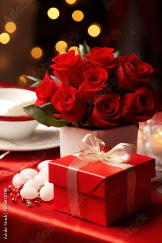 Romantic dinner setting with red roses and gift box on table.Valentine's Day Concept
