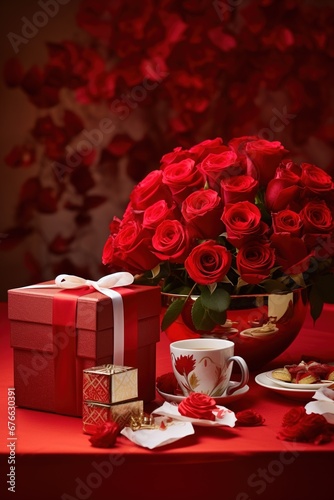 Romantic dinner setting with red roses and gift box on table.Valentine's Day Concept