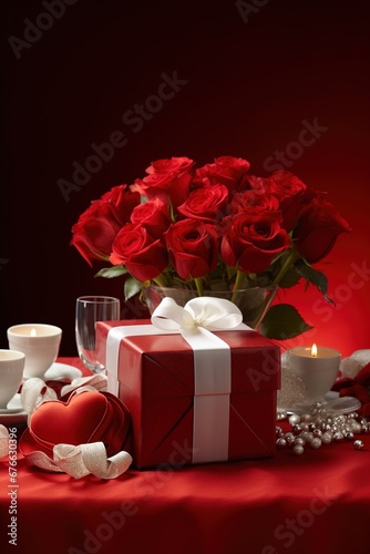Romantic dinner setting with red roses and gift box on table.Valentine's Day Concept