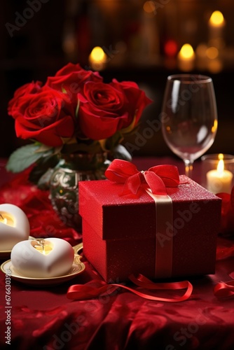 Romantic dinner setting with red roses and gift box on table.Valentine's Day Concept