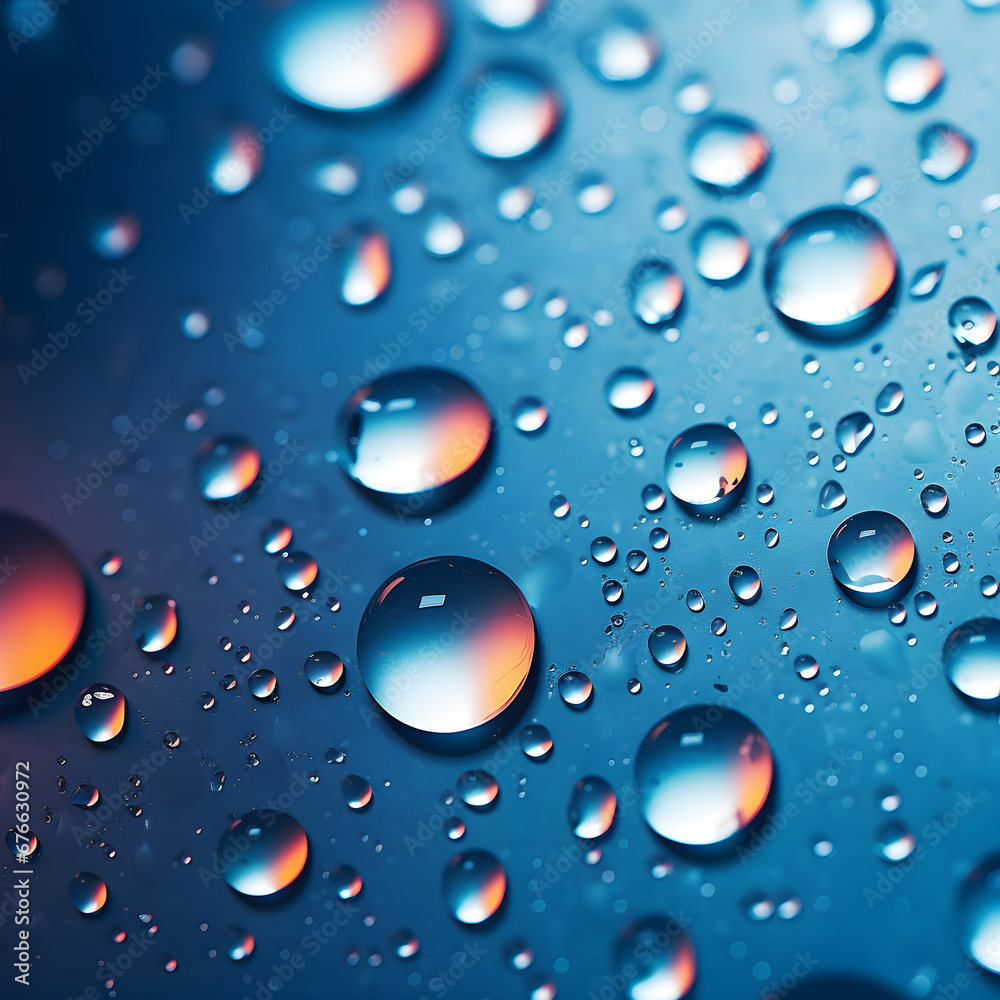 Rain drops on wet metal surface, abstract with air bubbles on surface. Realistic pure water drops for creative banner design.
