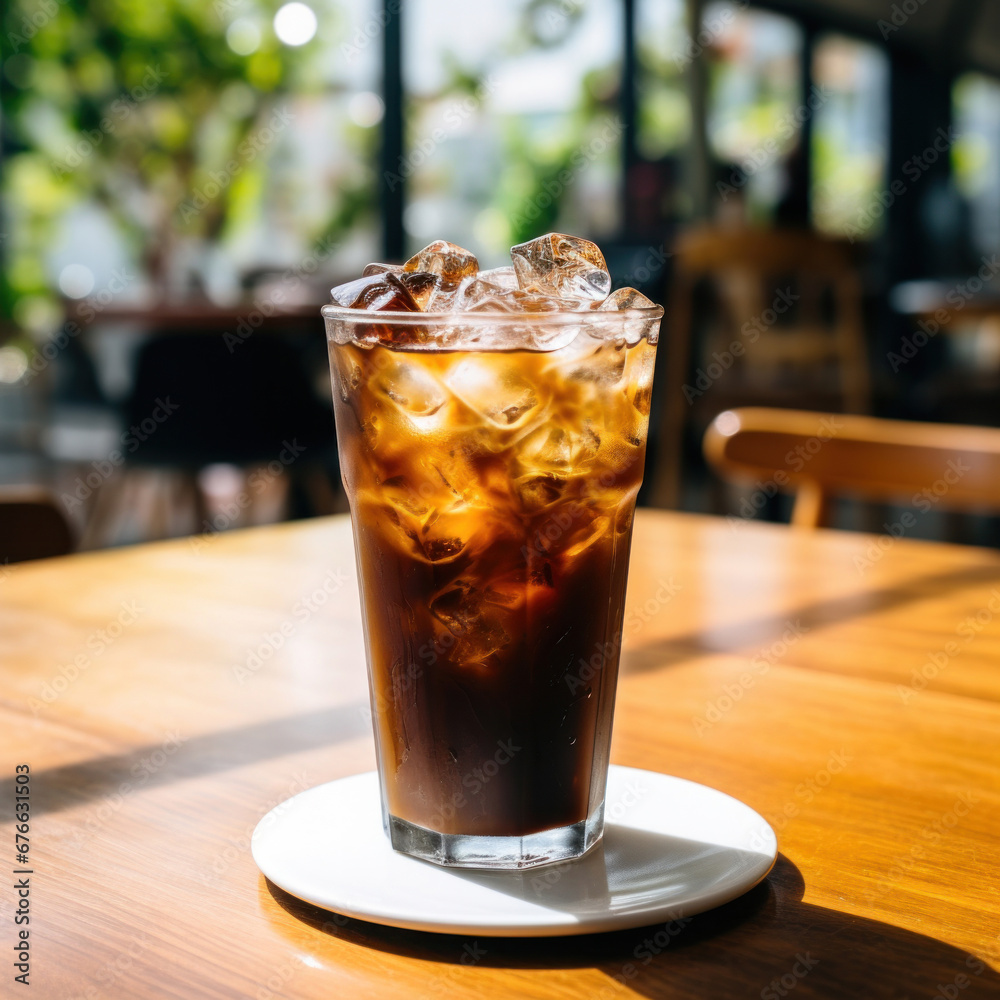 A black iced coffee on the table at a coffee shop. A black iced coffee on the table at a coffee shop.