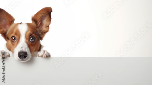A dog peeking over white sign placard template with copy space. © tong2530