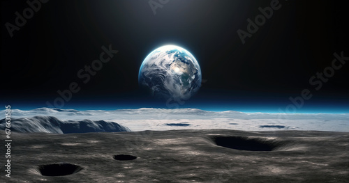 View of the planet Earth and from moon space during a sunrise. High quality photo photo