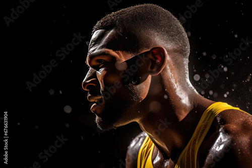 A professional man athlete with focus in his eyes and sweat pouring down.