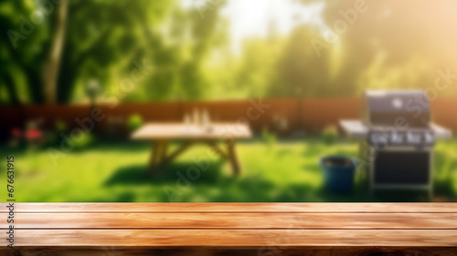 Empty wooden table and blurred bbq in the garden background, for product display montage. High quality photo photo