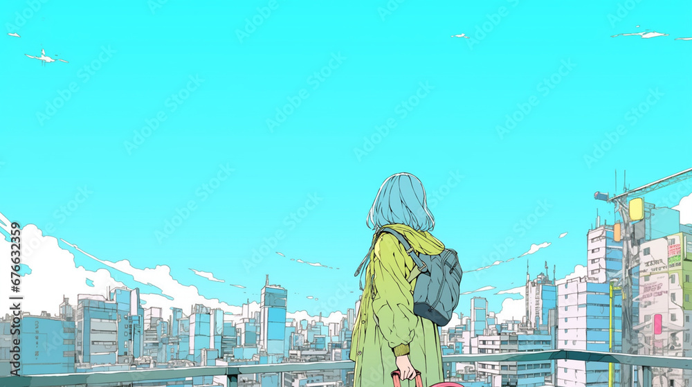 Fototapeta premium 荷物を持って都会を眺める女性の後ろ姿