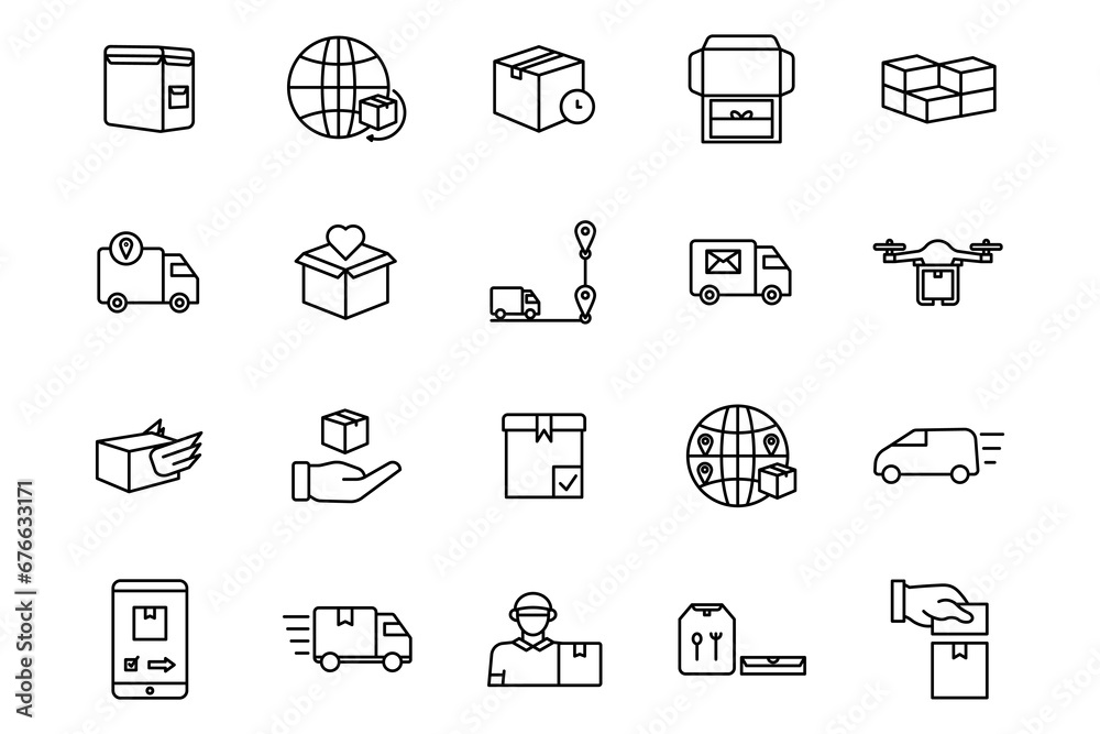 delivery icon set. delivery, bag, international, shipping, unboxing, package, stack, packages, tracking, progress, etc. line icon style. simple vector design editable