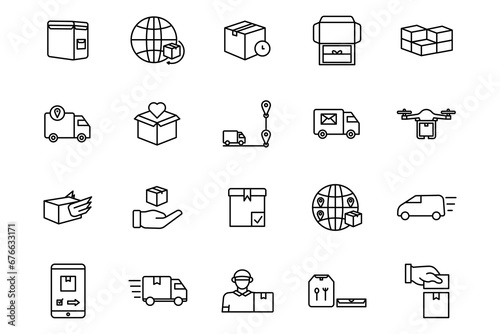 delivery icon set. delivery, bag, international, shipping, unboxing, package, stack, packages, tracking, progress, etc. line icon style. simple vector design editable
