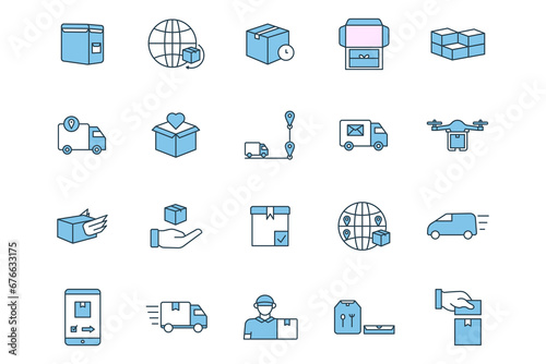 delivery icon set. delivery, bag, international, shipping, unboxing, package, stack, packages, tracking, progress, etc. flat line icon style. simple vector design editable