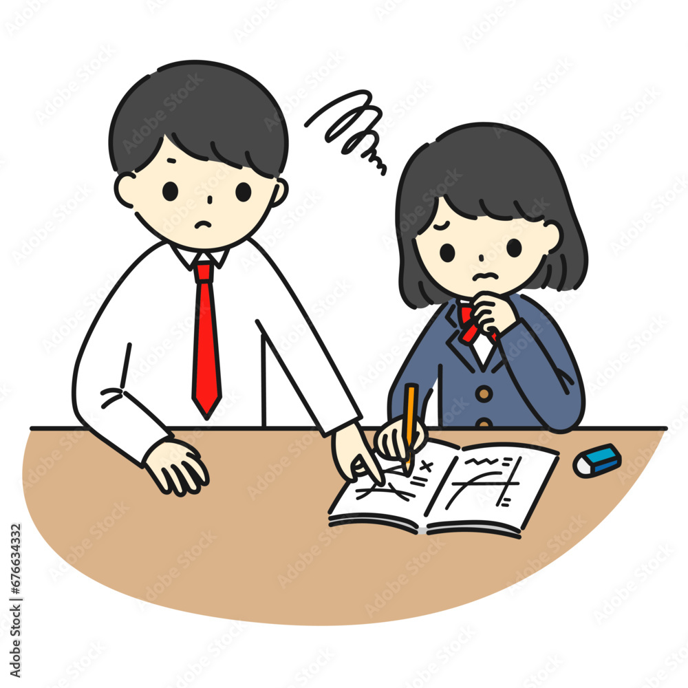 先生とマンツーマンで勉強して苦戦している女学生 先生とマンツーマンで勉強して苦戦している女学生