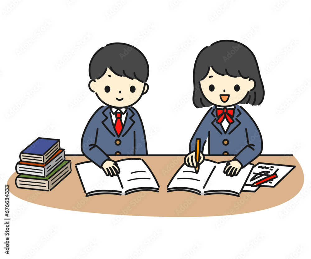 男子学生と女子学生が真面目に勉強しているイラスト 男子学生と女子学生が真面目に勉強しているイラスト