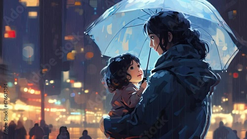 Seamless loop animation. people, Mother with Child. Standing Rainy Night City Holding Umbrella. Lofi illustration. Tokyo high tech city lights. Created using Generative AI Technology