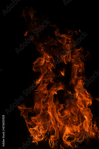 Fire flame isolate on black background. Burn flames, abstract texture. Art design for fire pattern, flame texture.