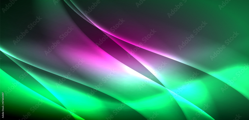 Dynamic waves in ethereal glow of neon lights. Concept merges fluidity of motion with vibrant allure of neon, crafting entrancing backdrop that embodies both vitality and futuristic sophistication Dynamic waves in ethereal glow of neon lights. Concept merges fluidity of motion with vibrant allure of neon, crafting entrancing backdrop that embodies both vitality and futuristic sophistication